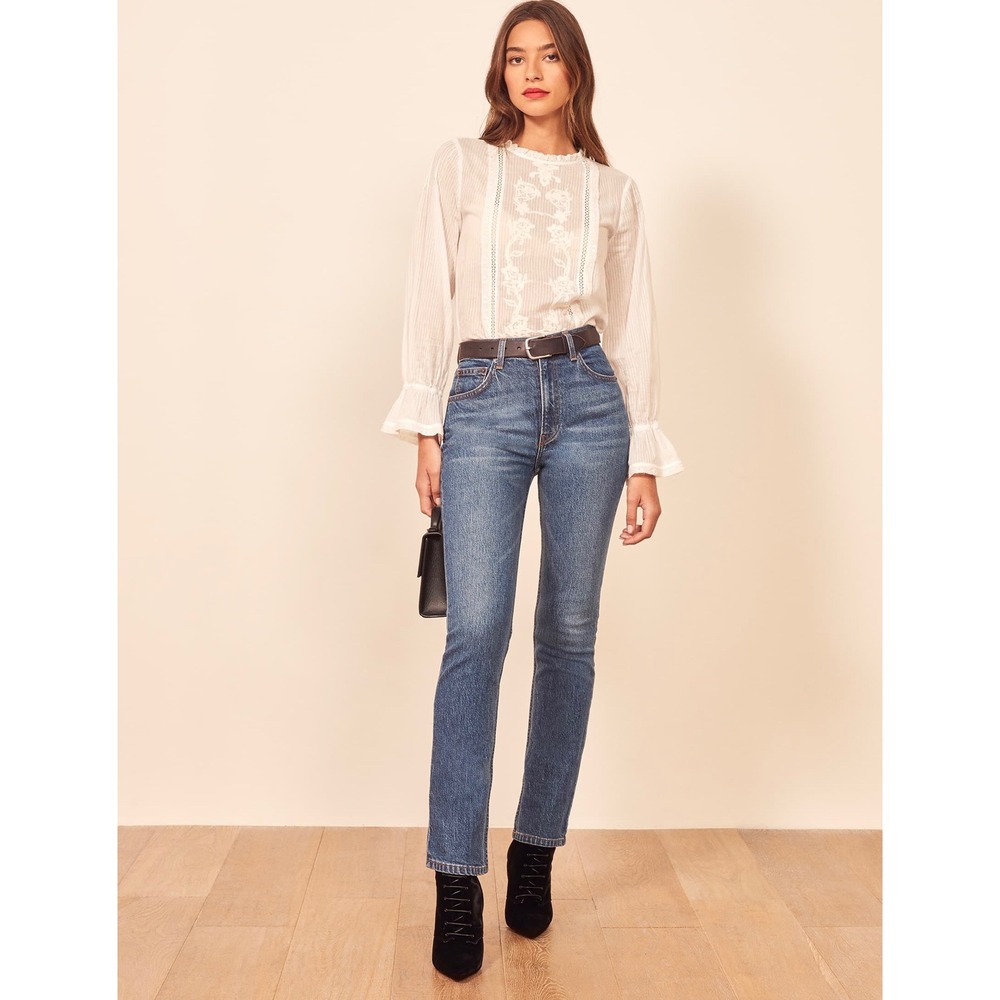 Reformation Lisa High Rise Straight Long Jeans Palermo Blue Denim 32" Sz 28